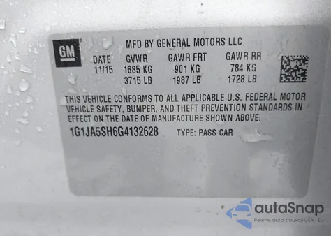 2016 Chevrolet Sonic Ls from USA, damaged, VIN 1G1JA5SH6G4132628